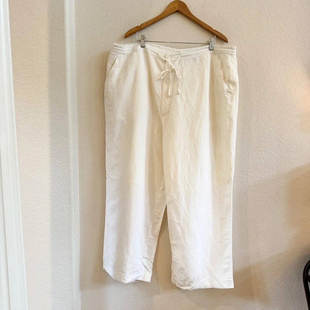 Linea Uomo Mens White Linen Blend Drawstring Relaxed Pants W48 x L30
